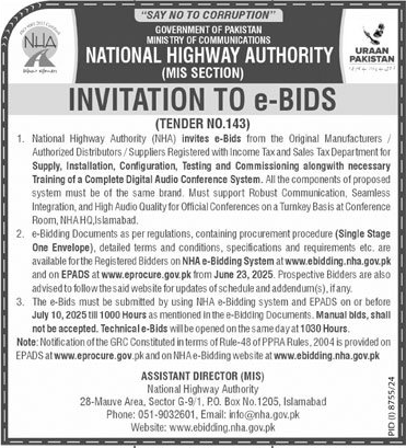 National Highway Authority Islamabad Tender Notice